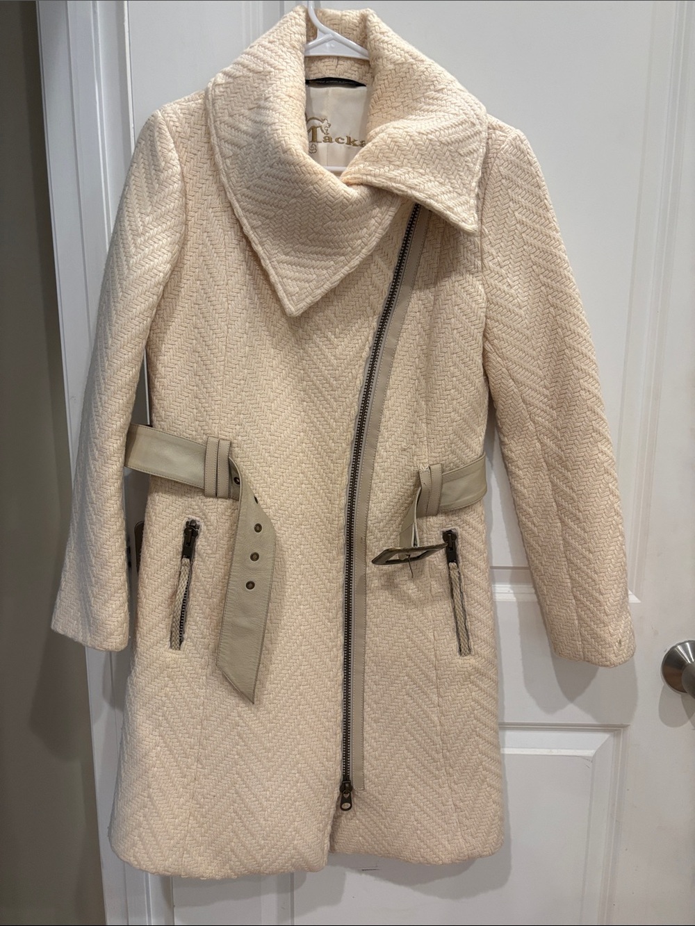 Mackage Cream Chevron Woven Wool Blend Asymmetrical Zip Belted Funnel Neck Coat